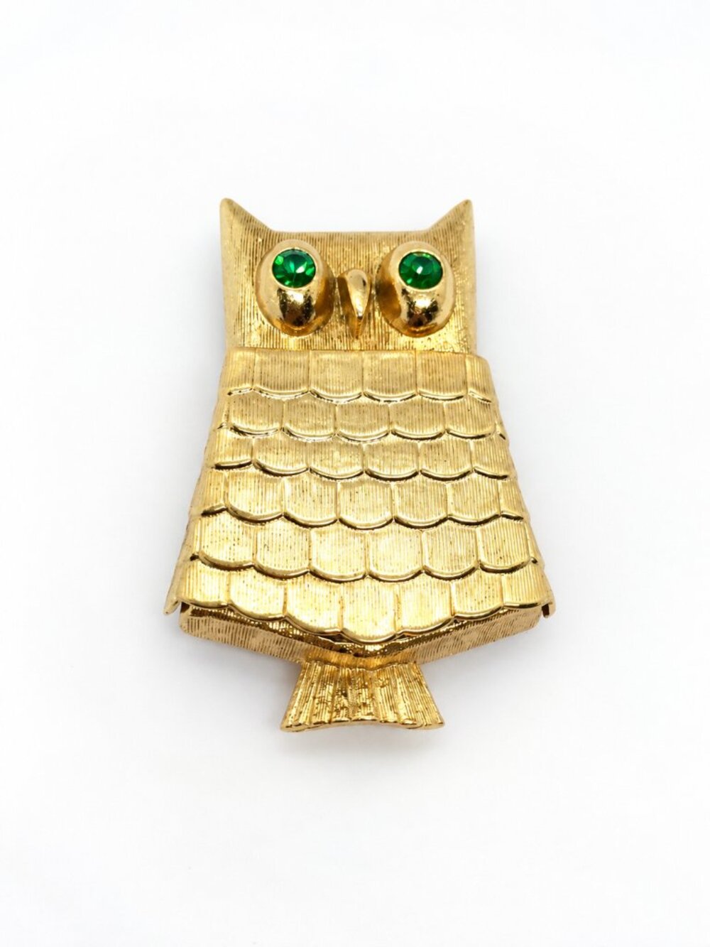 VINTAGE AVON BROOCH Owl Solid Perfume Locket Green Rhinestone Eyes Gold Tone